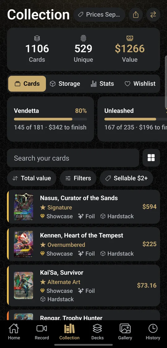 Collection with values, filters and best cards