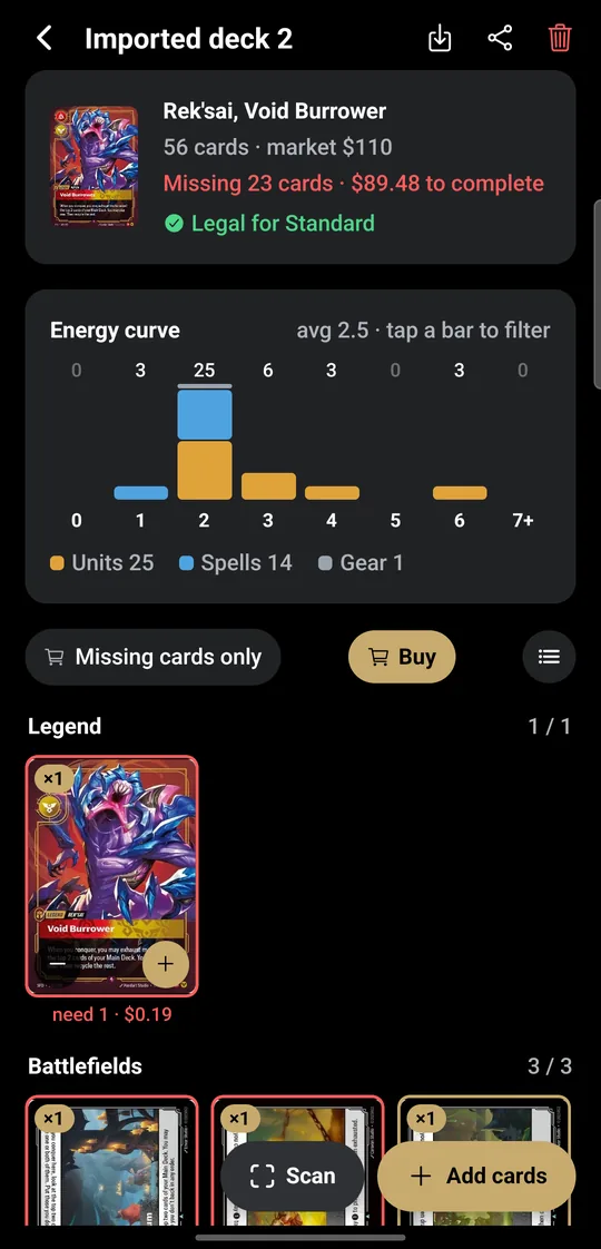 Deck builder with energy curve and legality