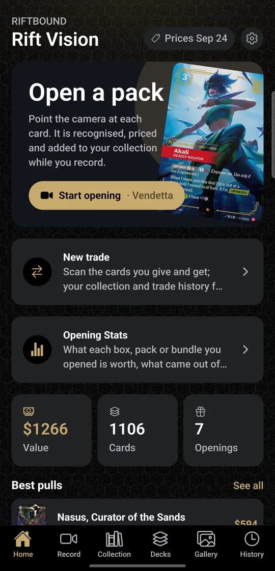 Home: open a pack, trades, opening stats and collection value