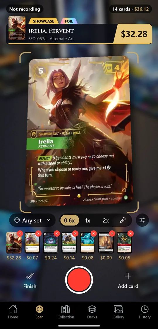 Scanning a card: its name, printing and price appear over the camera